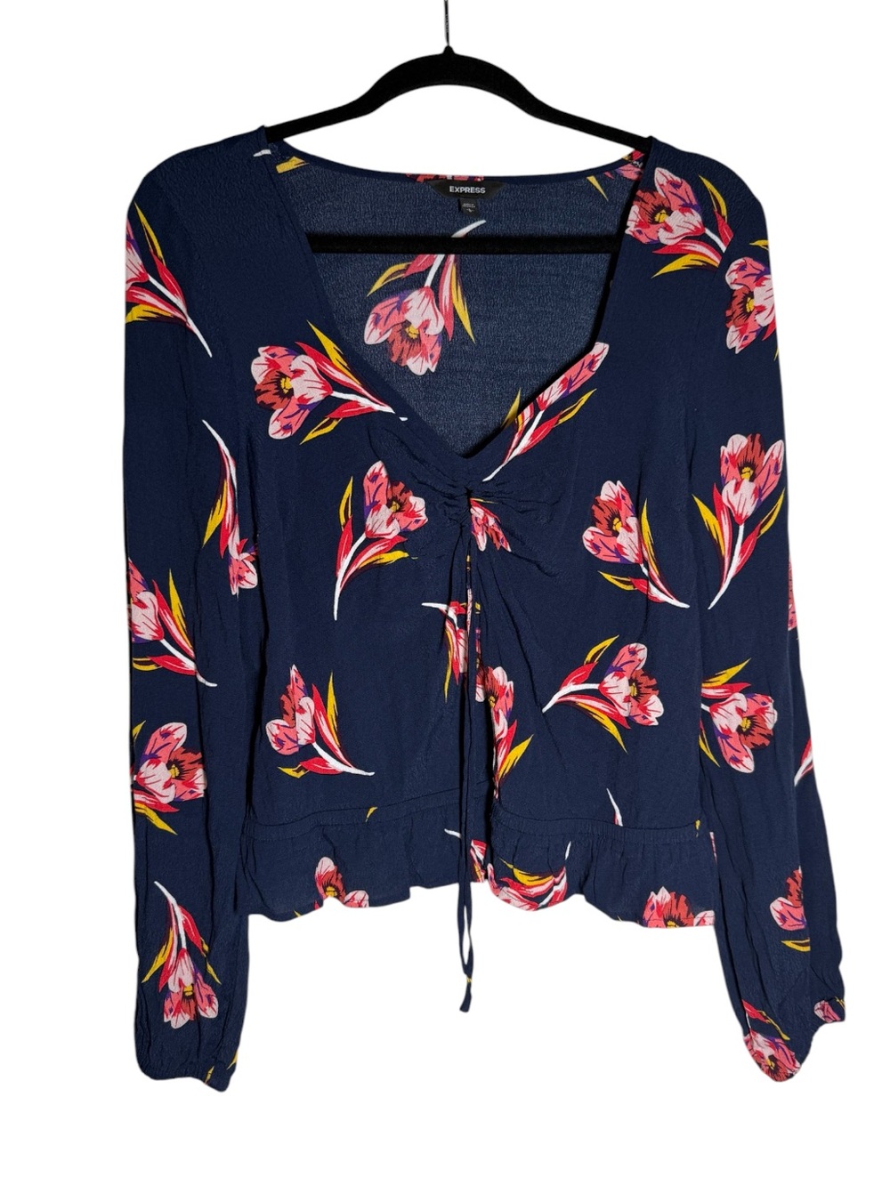 Express Floral Blouse 3/4 Sleeve Navy Blue V-Neck Tassels Size Large